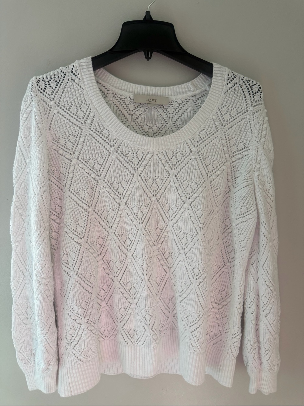 LOFT White Open-Knit Diamond lightweight Sweater size XL